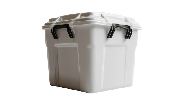 White plastic storage bin with black latches for home organization and storage solutions - transparent background png