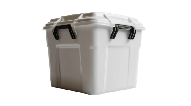 White plastic storage bin with black latches for home organization and storage solutions - transparent background png