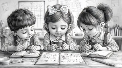 Playful black and white handdrawn coloring page for kids depicting a group of children learning math and science with books pencils and classroom props designed for school book exercises