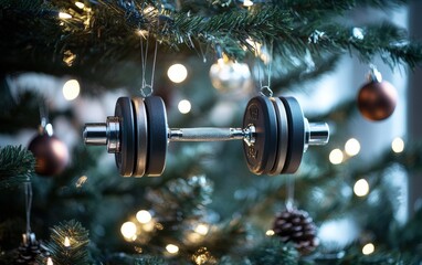 A Christmas ornament resembling a barbell weight, hanging from a Christmas tree for fitness enthusiasts. 