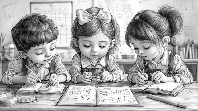 Playful black and white handdrawn coloring page for kids depicting a group of children learning math and science with books pencils and classroom props designed for school book exercises