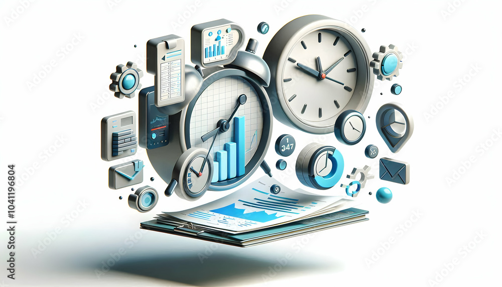 Aufkleber 3d hovering clock business report concept time management financial planning infographic 3d icon iso