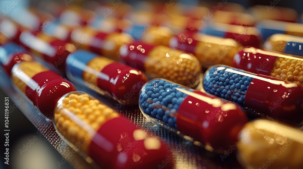 Poster close-up of colorful capsules filled with vibrant granules arranged neatly on a surface in a laborat
