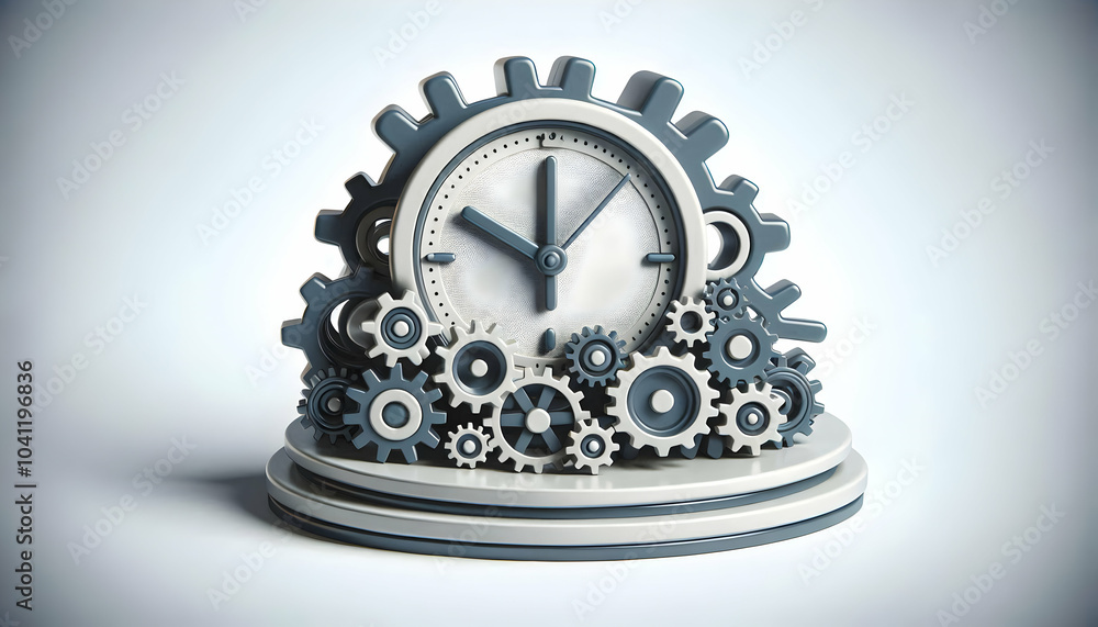 Poster 3d floating clock icon with gears - mastery in time management, innovation in mechanical systems, is