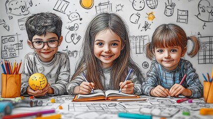 Playful black and white handdrawn coloring page for kids depicting a group of children learning math and science with books pencils and classroom props designed for school book exercises