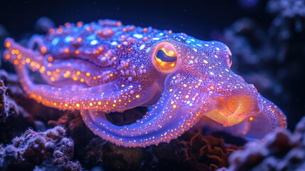 Obraz premium The octopus glows in striking hues, showcasing its brilliant patterns among the coral while exploring the dark ocean depths at night
