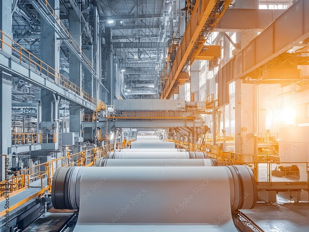 Poster massive paper mill with automated processing of huge paper rolls exemplifying the scale and efficien