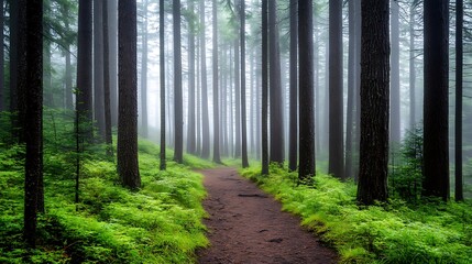 Fototapeta premium Serene Winding Trail Through Towering Pine Forest