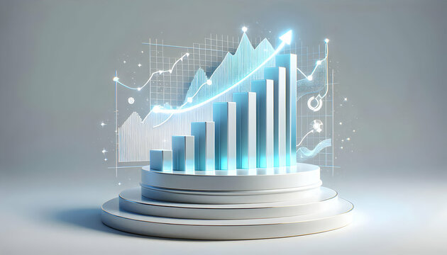 3D Plain White Podium with Holographic Growth Chart Wide Shot, Glossy Success Visualization, Iconic Economic Progress Concept, Rotating Scene Ideal for Business Presentations and Marketing Uses