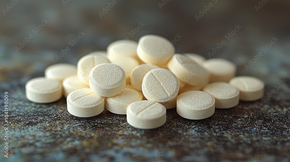 Poster close-up view of a pile of white tablets on a textured surface in a well-lit space emphasizing their