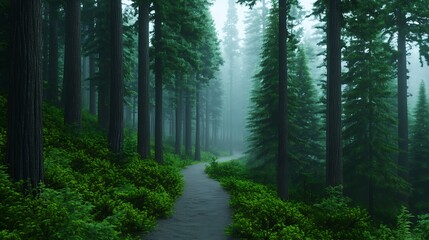 Obraz premium Serene Winding Trail Through Towering Pine Forest