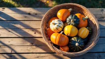 Harvest Bounty - Assorted Squash and Gourds in a Rustic Basket on Wooden Table.