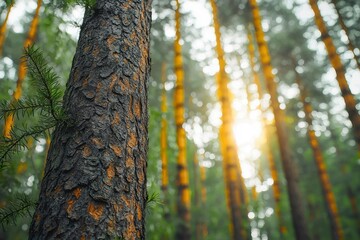 Fototapeta premium Close-up of a Pine Tree Trunk with Sunlit Forest Background