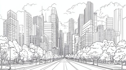 Black and white line drawing of a city street with buildings and trees on either side.