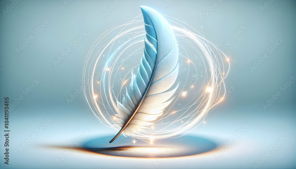 Poster 3d floating feather glowing aura soft feather design trend lightness mastery isolated white backgrou