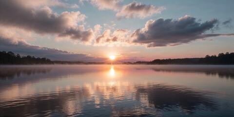 Obraz premium Serene sunrise with sunlight peeking through clouds over a tranquil lake.