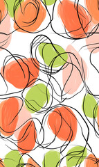 Whimsical Floral and Foliage Designs seamless pattern: Playful Doodles, Geometric Leaves, and Elegant Wildflowers in Bold and Soft Color Palettes.