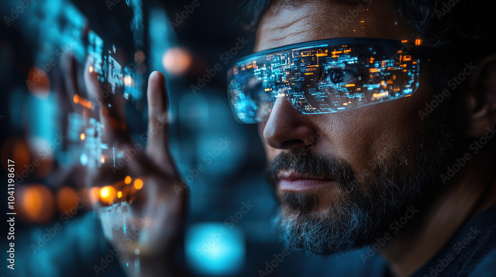 Aufkleber a man in augmented reality glasses engages with interactive digital interfaces, illuminated by color