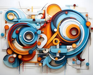A colorful abstract art piece filled with swirling geometric shapes and lines in various shades of blue, orange, purple, and yellow. It evokes a sense of fluidity and complexity.