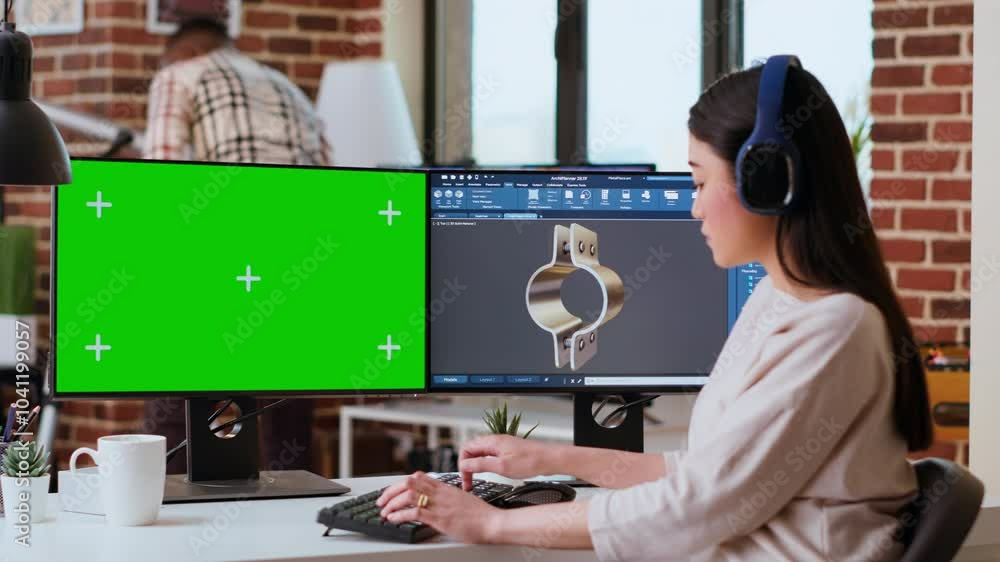 Aufkleber industrial engineer works with cad software and isolated mockup in a modern workspace at home. the s