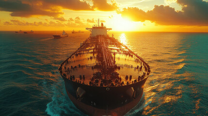 Fototapeta premium A large cargo ship navigates through the vibrant waters as the sun sets, creating stunning reflections across the surface