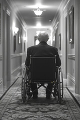 Obraz premium An elderly man in a wheelchair quietly moves down a long, well-lit hallway in a nursing home, reflecting on the journey ahead