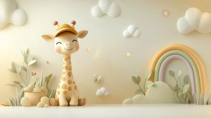 Cute Giraffe Cartoon with Rainbow and Clouds
