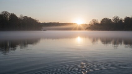 Fototapeta premium Serene sunrise over a tranquil lake surrounded by soft mist and gentle ripples at dawn.