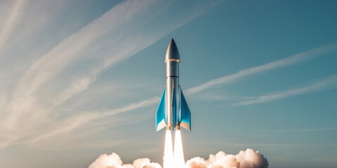 Futuristic Rocket Launch with Financial Growth Concept.
