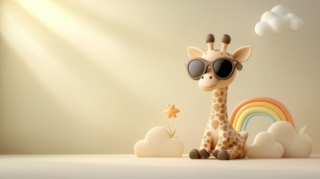 Cute Giraffe Wearing Sunglasses with Rainbow and Clouds