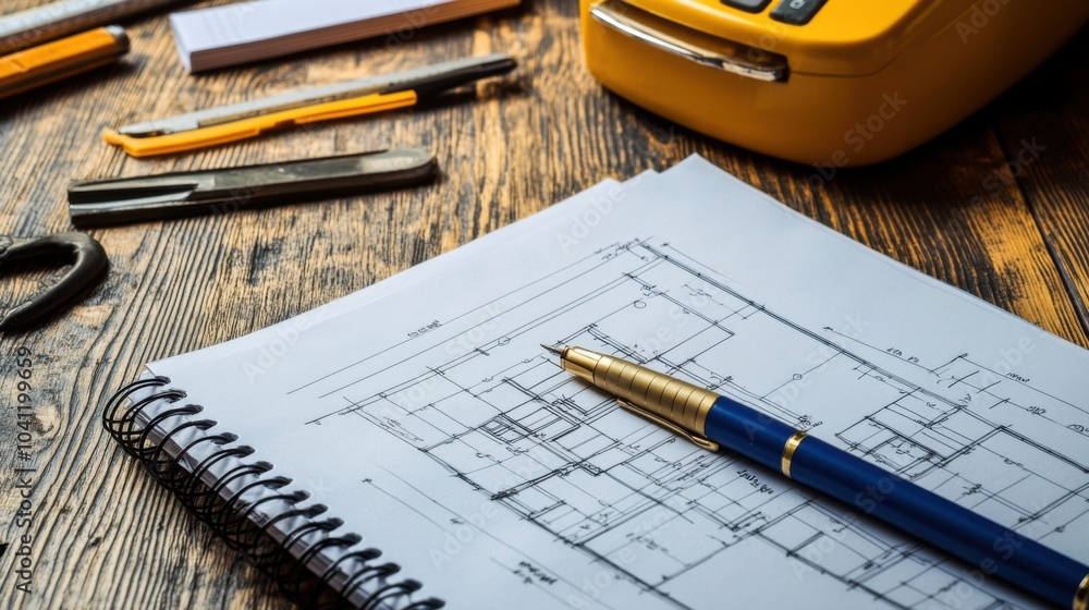 Poster blueprint on a notebook with a pen and measuring tools nearby.