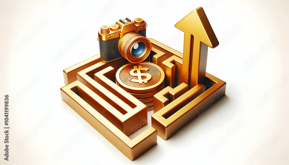Poster 3d wealth growth labyrinth coin reward vector icon upward arrow path symbolizing wealth accumulation