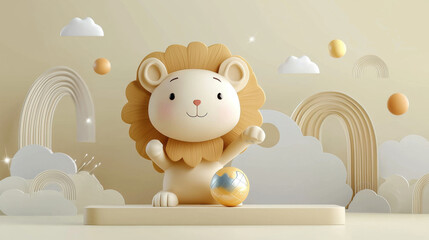 Cute Lion Cartoon Character with Rainbow and Clouds