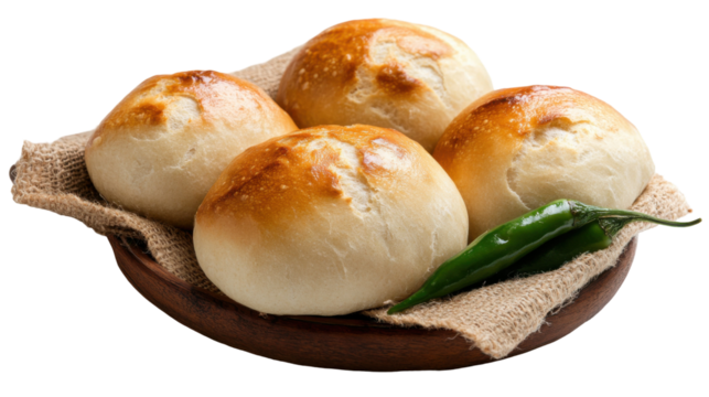 Indian vada pav with green chilies on rustic wooden plate - culinary delight for food photography - transparent background png