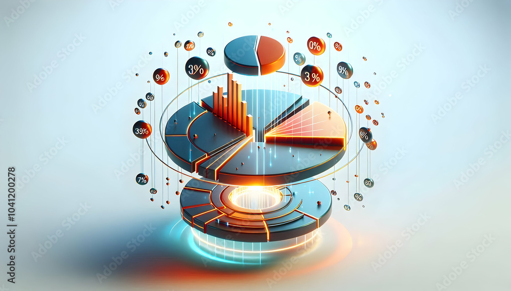 Aufkleber 3d floating pie chart glowing percentages concept mastery data visualization business trends isolate