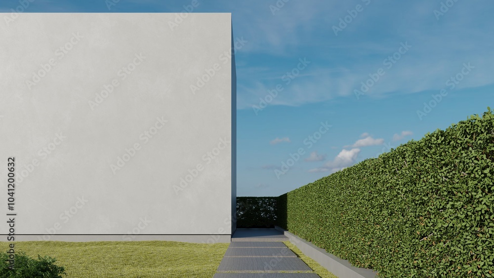 Aufkleber 3d rendering of modern building entrance with large white wall. minimal architecture