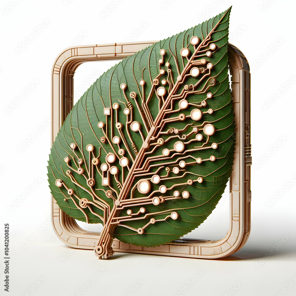 Aufkleber 3d organic leaf shaped frame with digital elements, close-up of leaf frame with circuit patterns, in
