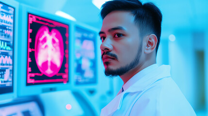 Obraz premium A focused male scientist examining medical imaging in a high-tech laboratory, illuminated by blue lights, reflecting dedication to healthcare innovation.