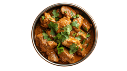 Traditional butter chicken garnished with fresh cilantro – culinary stock for digital media design - transparent background png