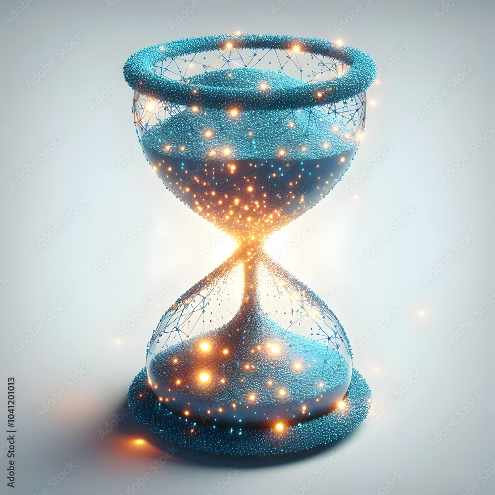 Poster 3d abstract hourglass filled with flowing data particles, close-up of hourglass shape, glowing data 