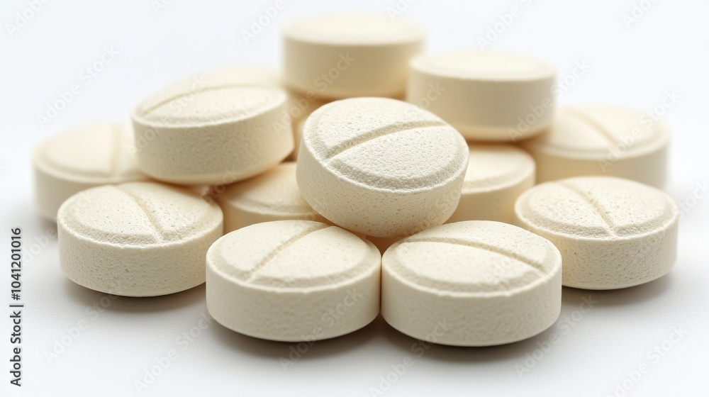 Poster white round tablets stacked together on a clean surface showcasing their texture and shape in a brig
