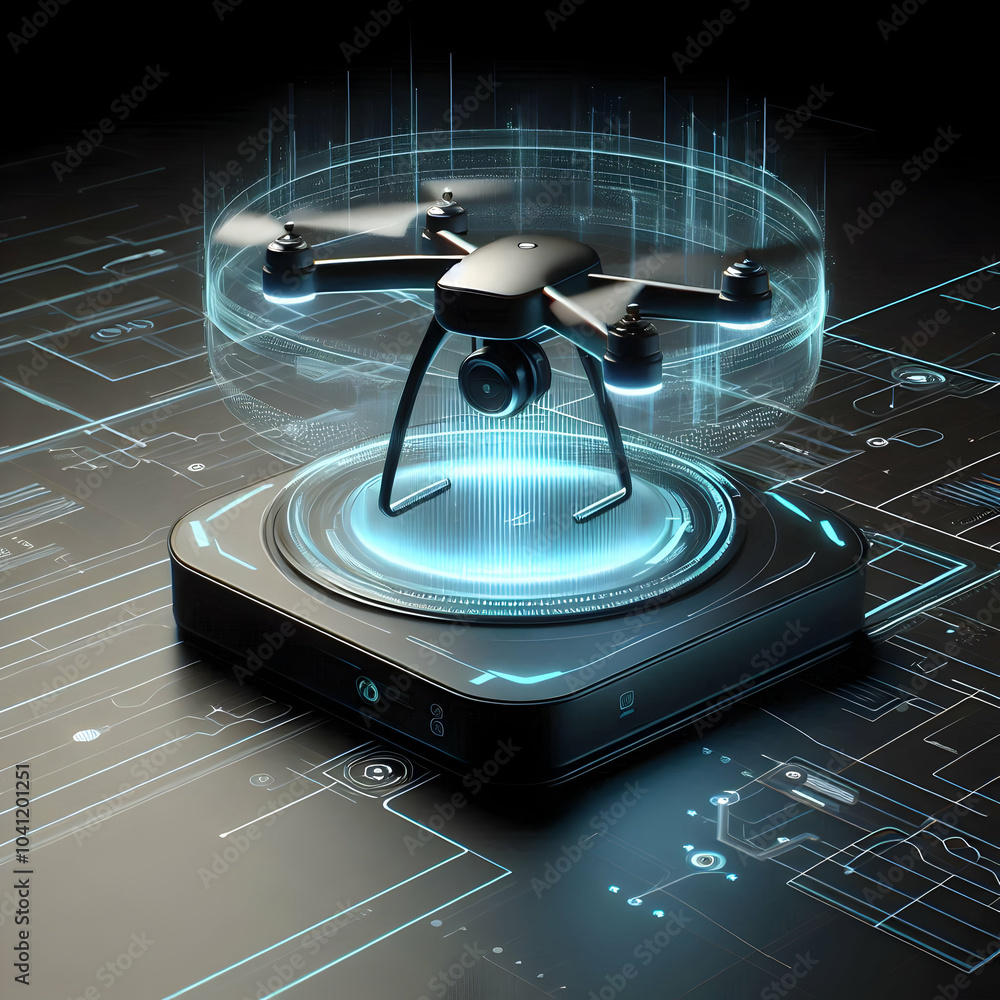 Poster 3d holographic drone interface sleek black surface modern drone glowing projected hologram minimalis