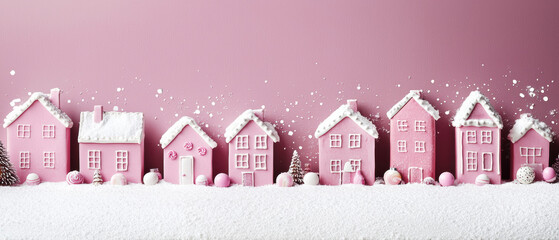 Obraz premium A row of charming pink houses with snowy roofs set against a soft pink backdrop, evoking a whimsical winter landscape.