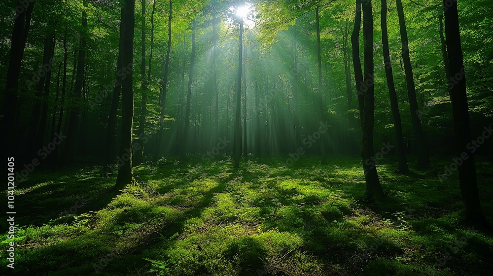 Poster sunlight filtering through trees in a lush forest