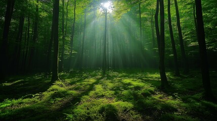 Naklejka premium Sunlight Filtering Through Trees in a Lush Forest