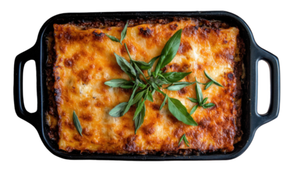 Traditional italian lasagna with ricotta and fresh basil in a black baking dish for culinary design - transparent background png