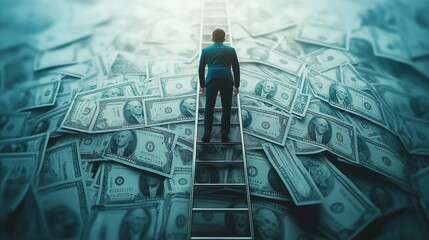 Man Climbing Ladder Surrounded by Dollar Bills