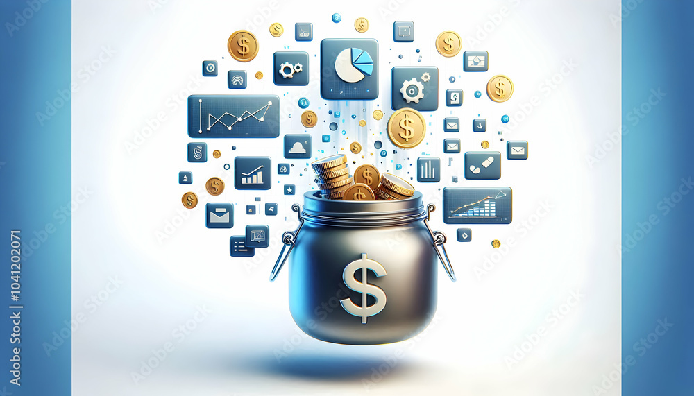 Poster 3d floating savings jar vector icon glossy design with digital icons coins graphs for modern savings