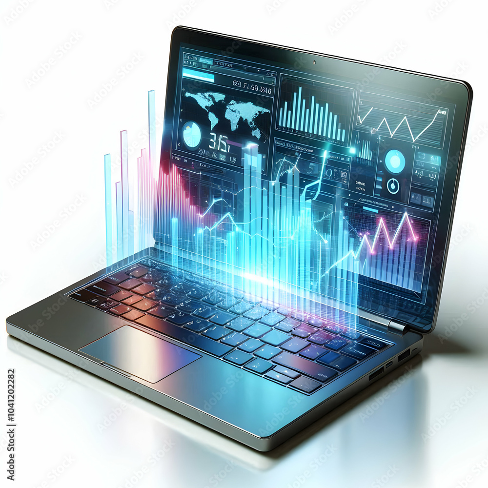 Poster 3d glossy laptop holographic stock market chart medium shot sleek device projection ample copy space