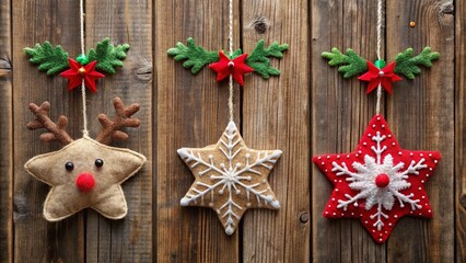 Fototapeta premium Close-up of felt Christmas ornaments shaped like stars, reindeer, and snowflakes, hanging on a wooden wall
